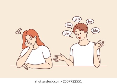 Chatterbox man causes discomfort to woman who does not want to listen to boyfriend empty words and fantasies. Girl upset by chatterbox showing lack of empathy in relationship with wife