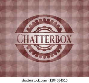 Chatterbox red emblem or badge with abstract geometric pattern background. Seamless.
