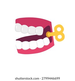 Chattering Teeth Wind-up Toy Vector Illustration. Classic plastic false teeth mechanical prank gag icon.