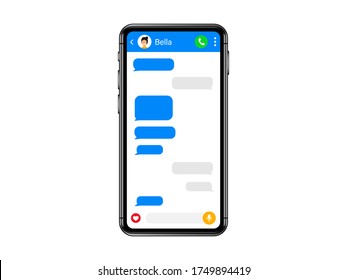 Chatting App Template On A Smartphone. Message Text Bubbles. Place Your Own Text To The Message Clouds. Social Network Messenger Mockup. Vector Illustration