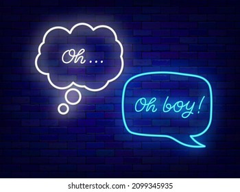 Peleando globos con letras de neón de Oh y Oh. Brillante caligrafía. Cita brillante. Mensajería en línea. Banner de efecto luminoso exterior. Hable burbujas en la pared de ladrillos. Trazo editable. Ilustración del vector