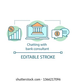 Chatting with bank consultant concept icon. Online banking. Personal bank account. Financial web service idea thin line illustration. Vector isolated outline drawing. Editable stroke