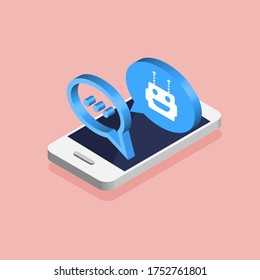 Chatting between robot and human. Chatbot concept. Isometric smartphone with robot avatar. Modern design of messaging bubbles and dialog boxes. Vector illustration.
