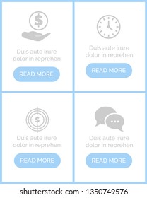 Chatting box form vector, hand holding coin with dollar sign website with buttons read more information, set of pages. Clock and financial target site
