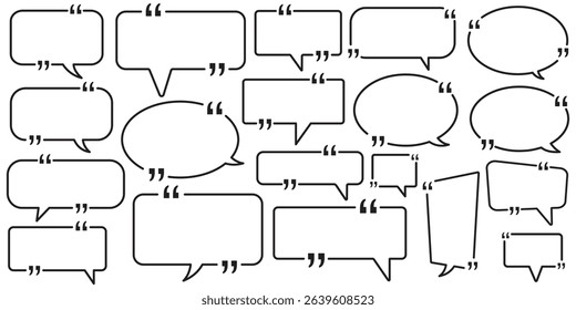 chatting box, message box icon. Balloon doodle style of thinking sign symbol. Quotation marks. Black quotes icons set. Collection of minimalist web icons featuring speech bubbles, quotation marks.