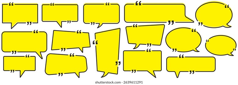 chatting box, message box icon. Quotation marks. Yellow quotes icons set. Quote vector bubbles for text, speech. Quotation box frames with borders design. Set quote frame, texting quote box icon.