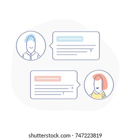 Chatting bubble speeches, illustration of dialog or phone messages. Social network, messenger, chatting, online talking and messaging concept. Flat outline vector design, premium quality trendy icon.