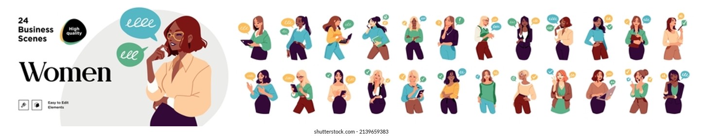Chatting business women set. Modern yong women communicate with their colleagues. Beautiful female characters with speach bubbles. Vector set