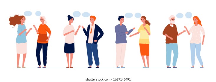 Chatting characters. Different persons talking man and woman with speech bubbles people conversation dialogue concept vector