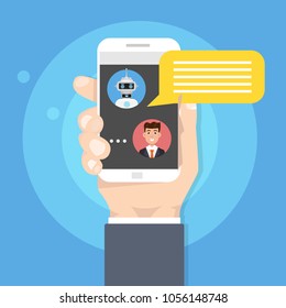 Chatting with Chat bot concept.  Support service Robot icon. Vector illustration in flat style.