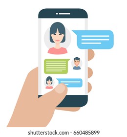 Chatting with chatbot on phone, online conversation with texting message vector concept. Illustration of screen with messaging