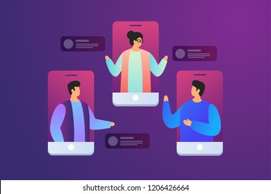 Chatting with colleagues using mobile phones. Young men of talk to each other, discuss news, social networks. Colleagues are negotiating. People with speech bubbles dialogs. Vector flat illustration.