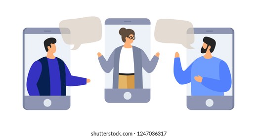 Chatting with colleagues using mobile phones. Young men of talk to each other, discuss news, social networks. Colleagues are negotiating. People with speech bubbles dialogs. Vector flat illustration.