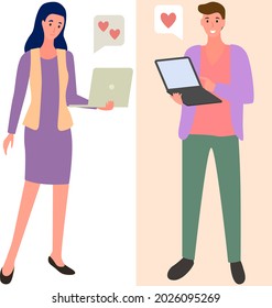 Chatting, communication and sending messages via Internet. People in relationship using laptops, computers to chat. Spending time at laptop for communication. Lovers man and woman social networking