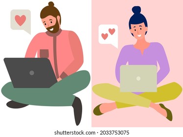 Chatting, communication and sending messages via Internet. People in relationship using laptops, computers to chat. Spending time at laptop for communication. Lovers man and woman social networking