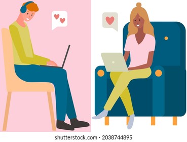 Chatting, communication and sending messages via Internet. People in relationship using laptops, computers to chat. Spending time at laptop for communication. Lovers man and woman social networking
