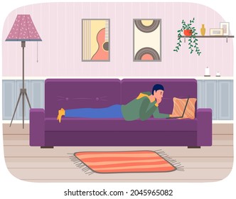 Chatting, communication and sending messages via Internet. Man is lying and using laptop to chat. Typing on computer keyboard, online home relaxation. Guy spends time at laptop for communication