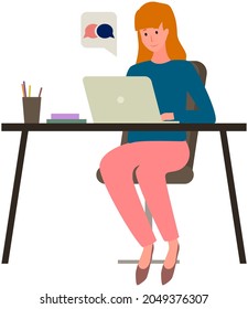 Chatting, communication and sending messages via Internet. Woman is sitting with laptop to chat at workplace. Typing on computer keyboard, online working. Girl spends time at laptop for communication