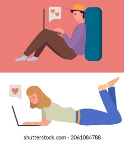 Chatting, communication and sending messages via Internet. People in relationship using laptops, computers to chat. Spending time at laptop for communication. Lovers man and woman social networking