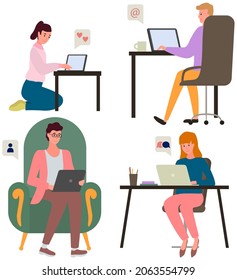 Chatting, communication and sending messages via Internet. People using laptop to chat. Typing on computer keyboard, online home relaxation. Spends time at laptop for communication. Buy, love online