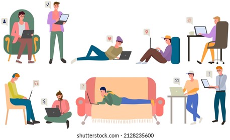 Chatting, communication and sending messages via Internet. People using laptop to chat. Typing on computer keyboard, online home relaxation. Spends time at laptop for communication. Buy, love online