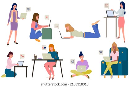 Chatting, communication and sending messages via Internet. People using laptop to chat. Typing on computer keyboard, online home relaxation. Spends time at laptop for communication. Buy, love online
