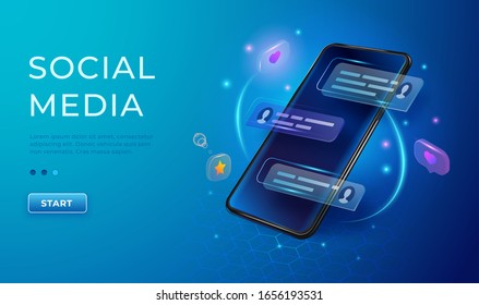 Chatting And Communication Vector Concept 3d. Phone With Likes And Message Icons. Smartphone Application Social Media Illustration