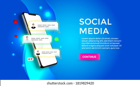 Chatting and communication vector concept 3d. Phone with likes and message icons. Smartphone application social media illustration