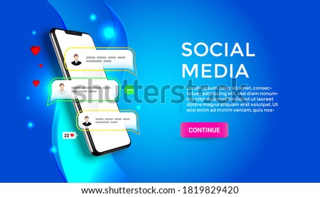 Chatting and communication vector concept 3d. Phone with likes and message icons. Smartphone application social media illustration
