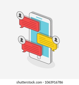 Chatting concept 3d isometric style with mobile on white background for chatbot technology, connection. Vector Illustration 10 eps