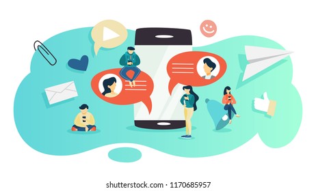 Chatting concept. People chat using mobile phone and social network. Modern technology concept. Flat vector illustration