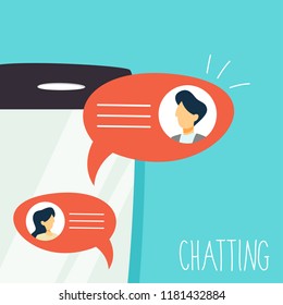 Chatting concept. People chat using mobile phone and social network. Modern technology concept. Flat vector illustration