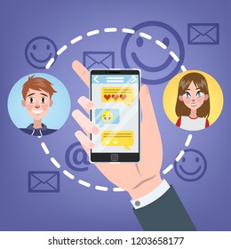 Chatting concept. People chat using mobile phone and social network. Modern technology concept. Flat vector illustration