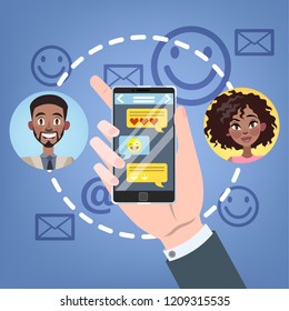 Chatting concept. People chat using mobile phone and social network. Modern technology concept. Flat vector illustration