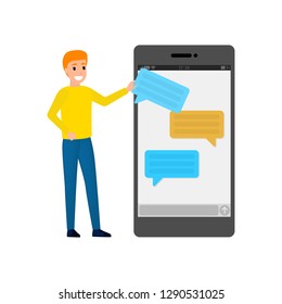 Chatting concept. People chat using mobile phone and social network. Modern technology concept. Flat vector illustration