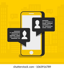 Chatting concept with phone on yellow city background. Vector Illustration 10 eps