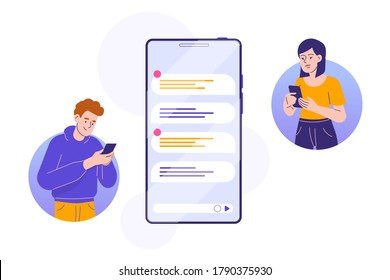 Chatting concept. Virtual relationships and online dating and social networking. Messaging using chat app or social network. Two persons cellphone conversation sending messages. Vector illustration