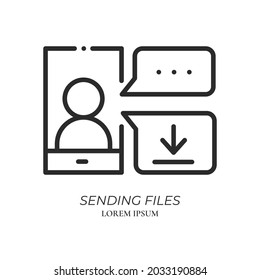 Chatting, conferencing and sending files line icon. Video conference and online meeting concept. Distance work and learning. Vector illustration. Laptop, computer, smartphone, chatting, conferencing