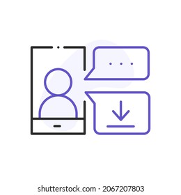 Chatting, conferencing and sending files line icon. Video conference and online meeting concept. Distance work and learning. Vector illustration. Laptop, computer, smartphone, chatting, conferencing