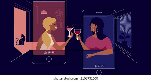 Chatting of a couple  girlfriends via mobile video chat application under in Self-isolation quarantine conditions. Vector illustration for landing page mockup or flat design advertising banner.