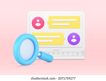 Chatting dialogue message web cyberspace at laptop display with magnifying glass 3d icon isometric illustration. Analyzing internet online communication with speech bubble text typing on computer pc