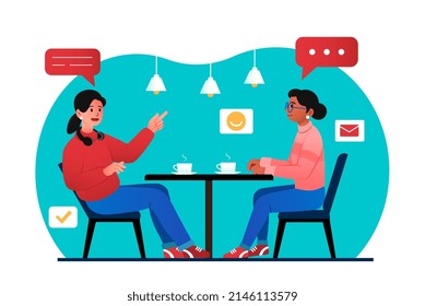 Chatting and drinking. Two girls in cafe or restaurant, employees or students with hot drinks. Mugs with coffee or tea, morning vigor, comfortable communication. Cartoon flat vector illustration