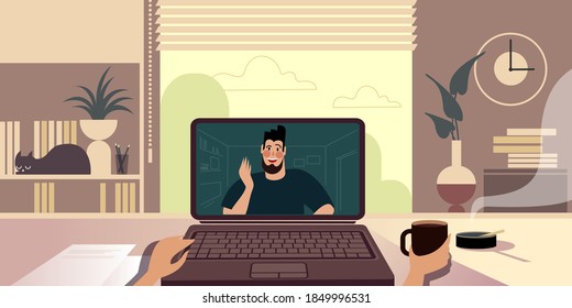 Chatting with a friend via the Internet on a home laptop. Flat graphic vector illustration.