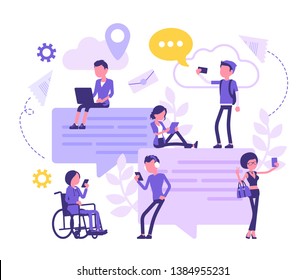 Chatting friends communication with smartphone. Group of people exchange message online, sending photo on internet, giant speech bubble, cloud symbol. Vector abstract illustration, faceless characters