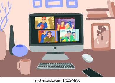 Chatting With Friends Or Family Online. Virtual Party, Meet Up, Video Conference. Stay Home, Stay Safe. People Meeting Online Together And Have Fun. Vector Flat Style Hand Drawn Illustration. 