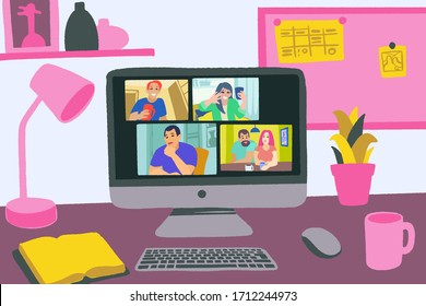 Chatting With Friends Or Family Online. Virtual Party, Meet Up, Video Conference. Stay Home, Stay Safe. People Meeting Online Together And Have Fun. Vector Flat Style Hand Drawn Illustration. 