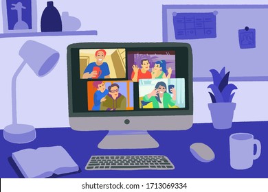 Chatting with friends or family online. Virtual party, meet up, video conference. Stay home, stay safe. People meeting online together and have fun. Vector flat style hand drawn illustration. 