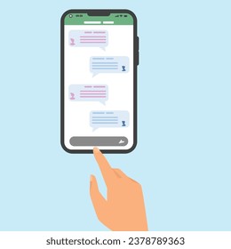 Chatting with friends and sending new messages.Hand holding phone with short messages, icons and emoticons. Colorful speech bubbles boxes on smartphone screen flat design