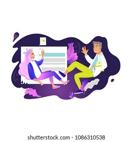 Chatting girl and boy - young woman and man fly in weightlessness surrounded by digital chat elements and message bubbles isolated on white background. Cartoon vector illustration.