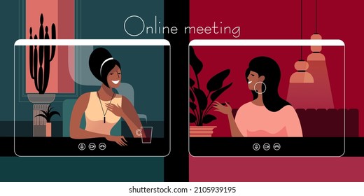 Chatting girlfriends or sisters via tablets mobile video chat application under in Self-isolation quarantine conditions. Vector illustration for landing page mockup or flat design advertising banner.